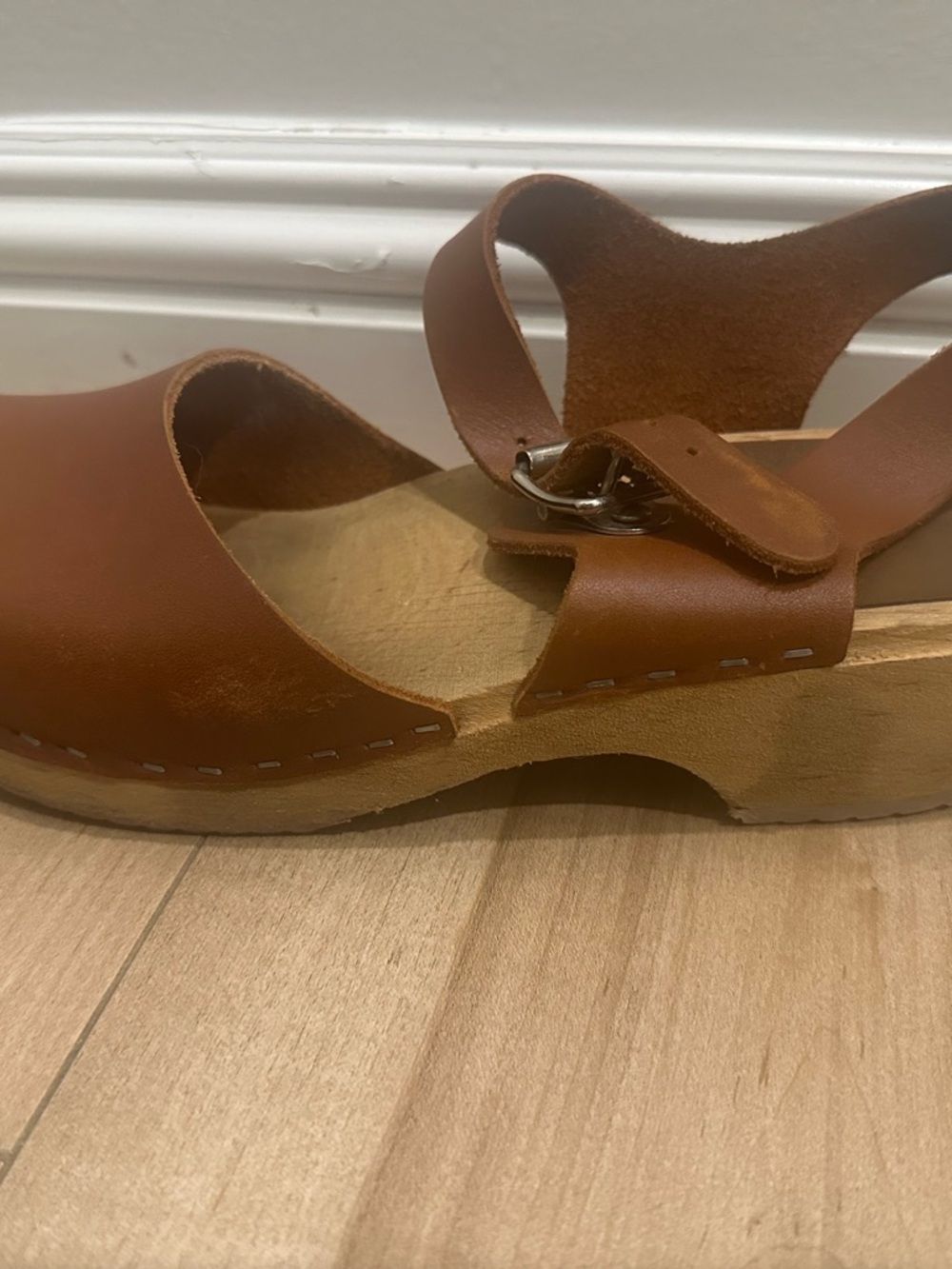 MIA Tan Leather Clog Mules with Buckle Strap